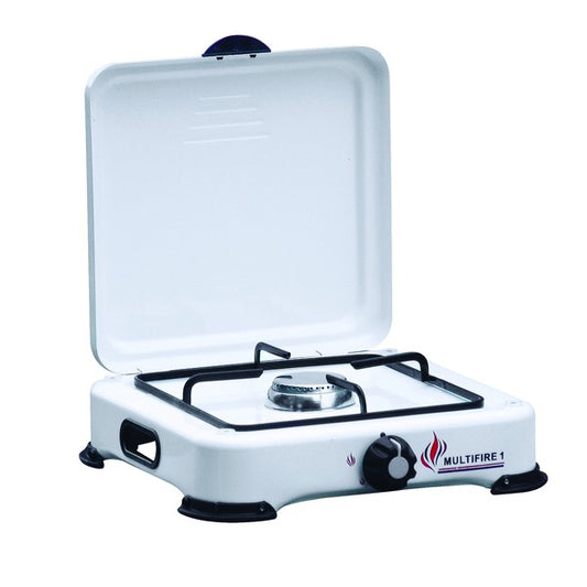 Fornello smaltato bianco con 1 bruciatore e coperchio, ideale per campeggio e cucina all'aperto.
