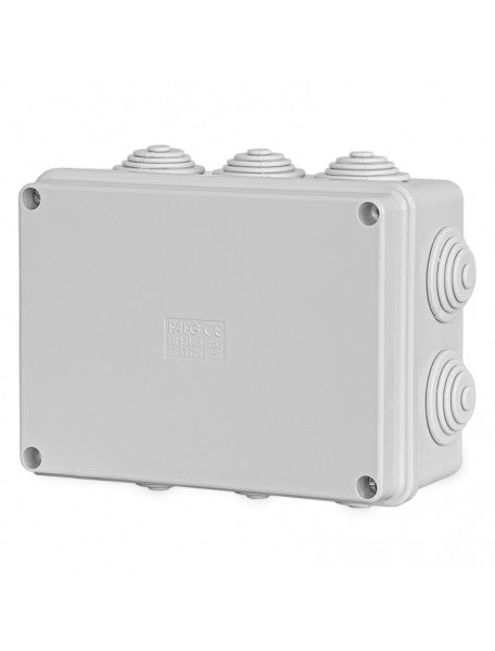 CASSETTA STAGNA IP55 in grigio RAL7035, dimensioni 150x110x70 mm, con 10 entrate per tubi e alta resistenza agli urti IK08.