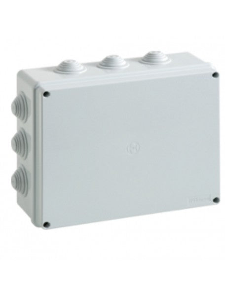 CASSETTA STAGNA MM240X190X90 IP55 con passacavi, colore grigio RAL7035, resistente agli urti e alle alte temperature.