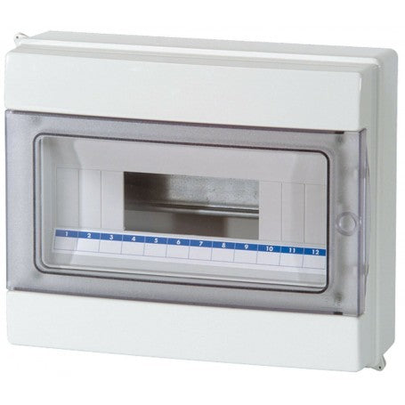 Centralino 12MOD IP65 in plastica grigia RAL7035, resistente agli urti, con apertura frontale e protezione IP40.