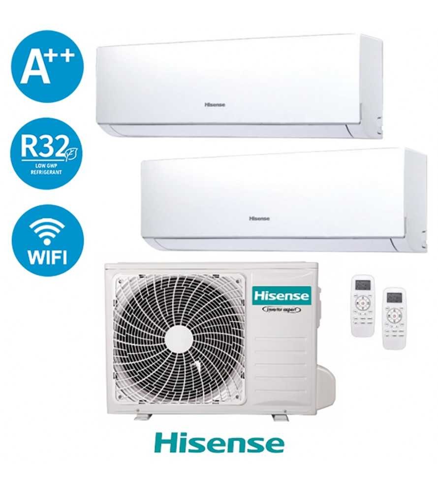 Climatizzatore Hisense Dual Inverter con due unità interne e unità esterna, classe A++, gas R32, WiFi integrato.