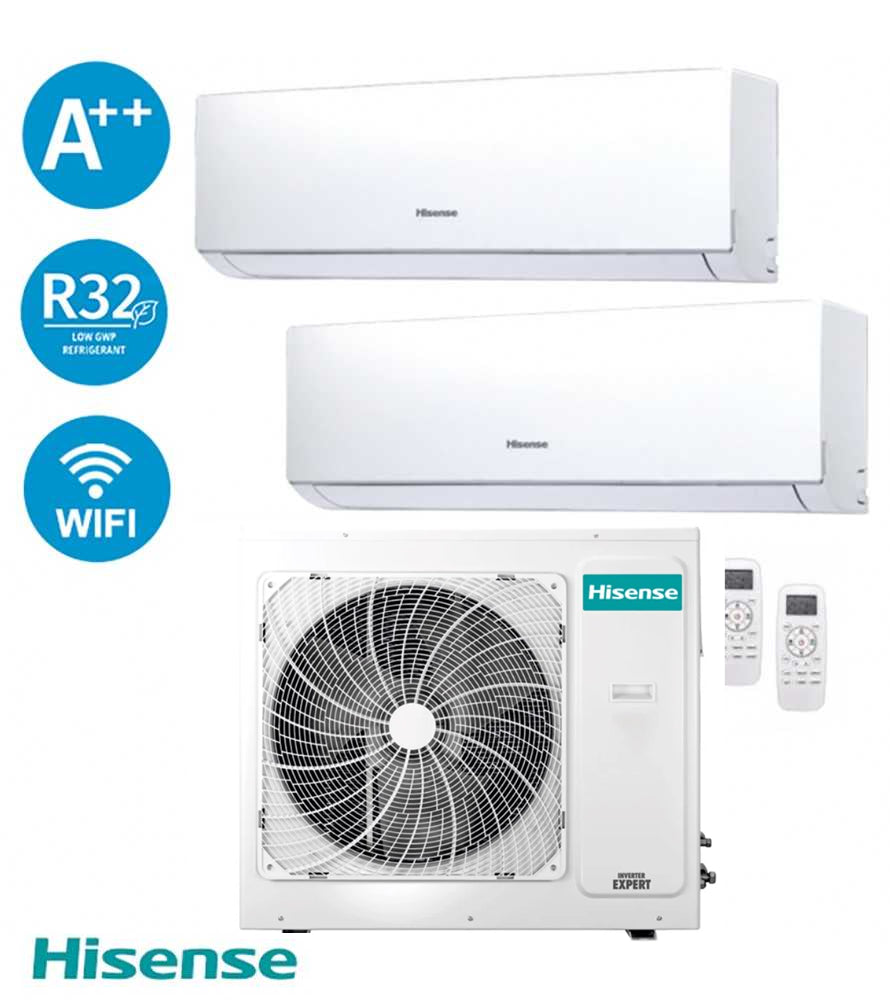 Hisense Dual Inverter air conditioner, A++ energy class, R32 gas, WiFi enabled, featuring two indoor and one outdoor units.