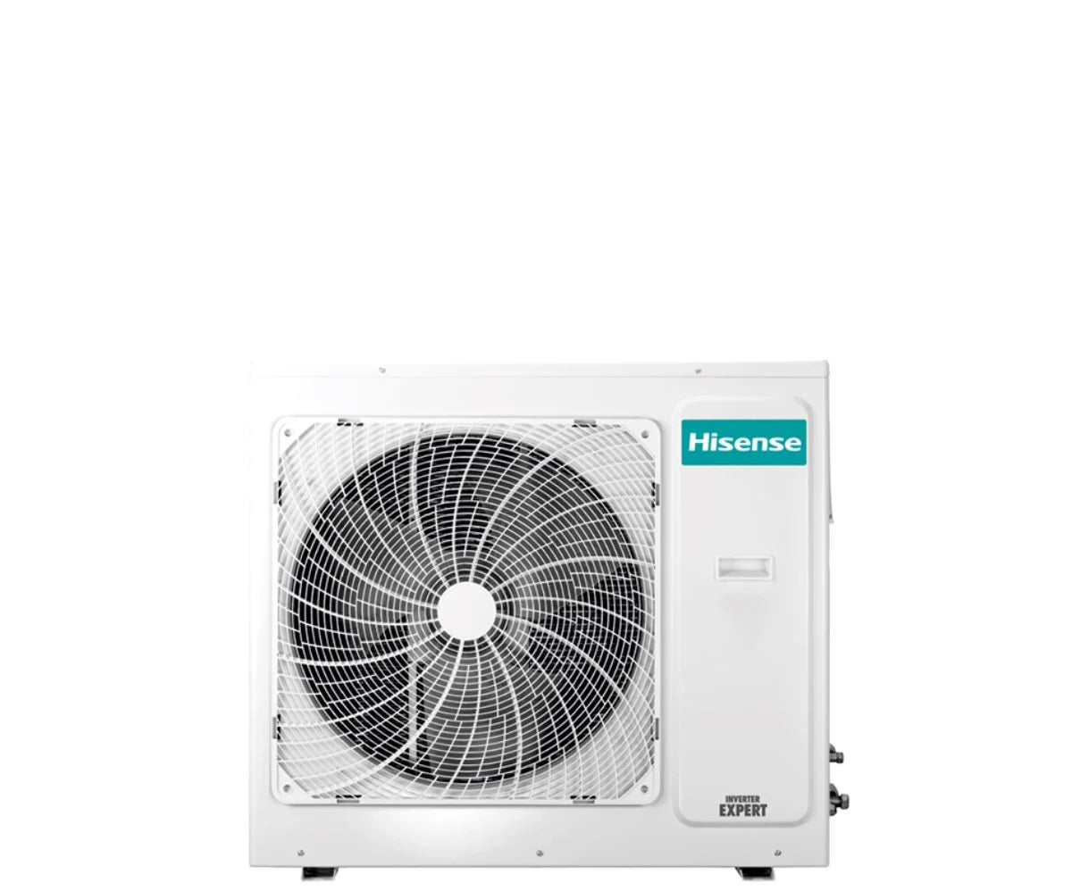 Unità esterna climatizzatore Hisense Dual Inverter con ventola e logo Hisense.