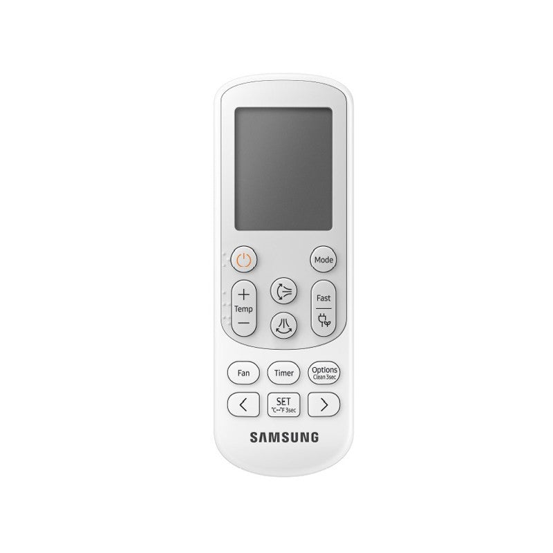 Samsung air conditioner remote control with buttons for temperature, fan, and mode settings.