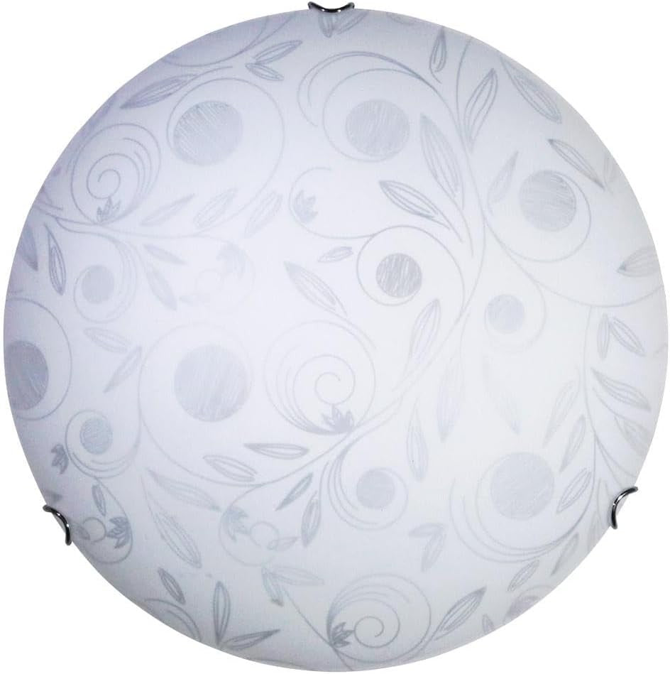 Clara modern round ceiling lamp made of white glass with decorative pattern and metal clips.