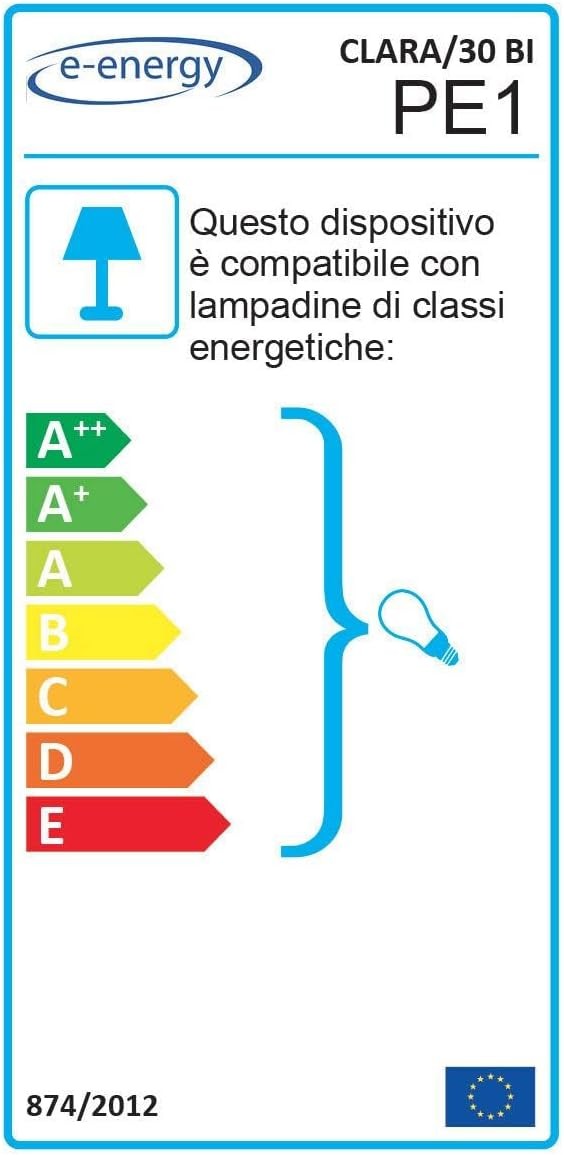 Etichetta energetica del lampadario Clara 30, compatibile con lampadine di classe A+ a E.
