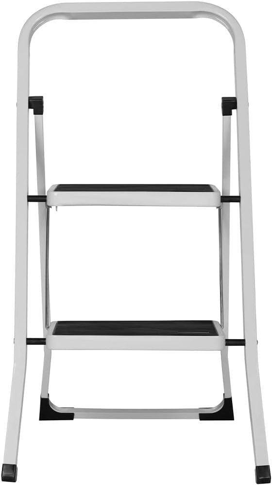 Scala pieghevole a 2 gradini in alluminio, leggera e compatta, con tappetino anti-scivolo, portata max 150 kg.