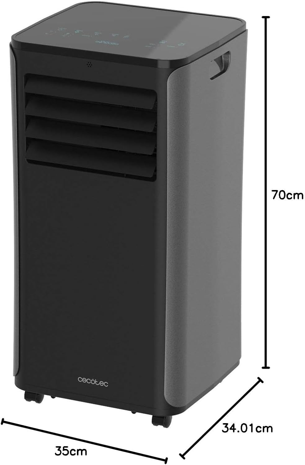 CEcotec portable air conditioner with visible dimensions, 9000 BTU, suitable for cooling, heating, and ventilation.