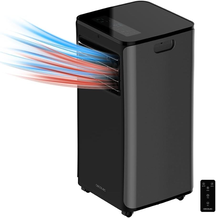 CECOTEC portable air conditioner in black with cooling and heating functions, 9000 BTU, displaying airflow.