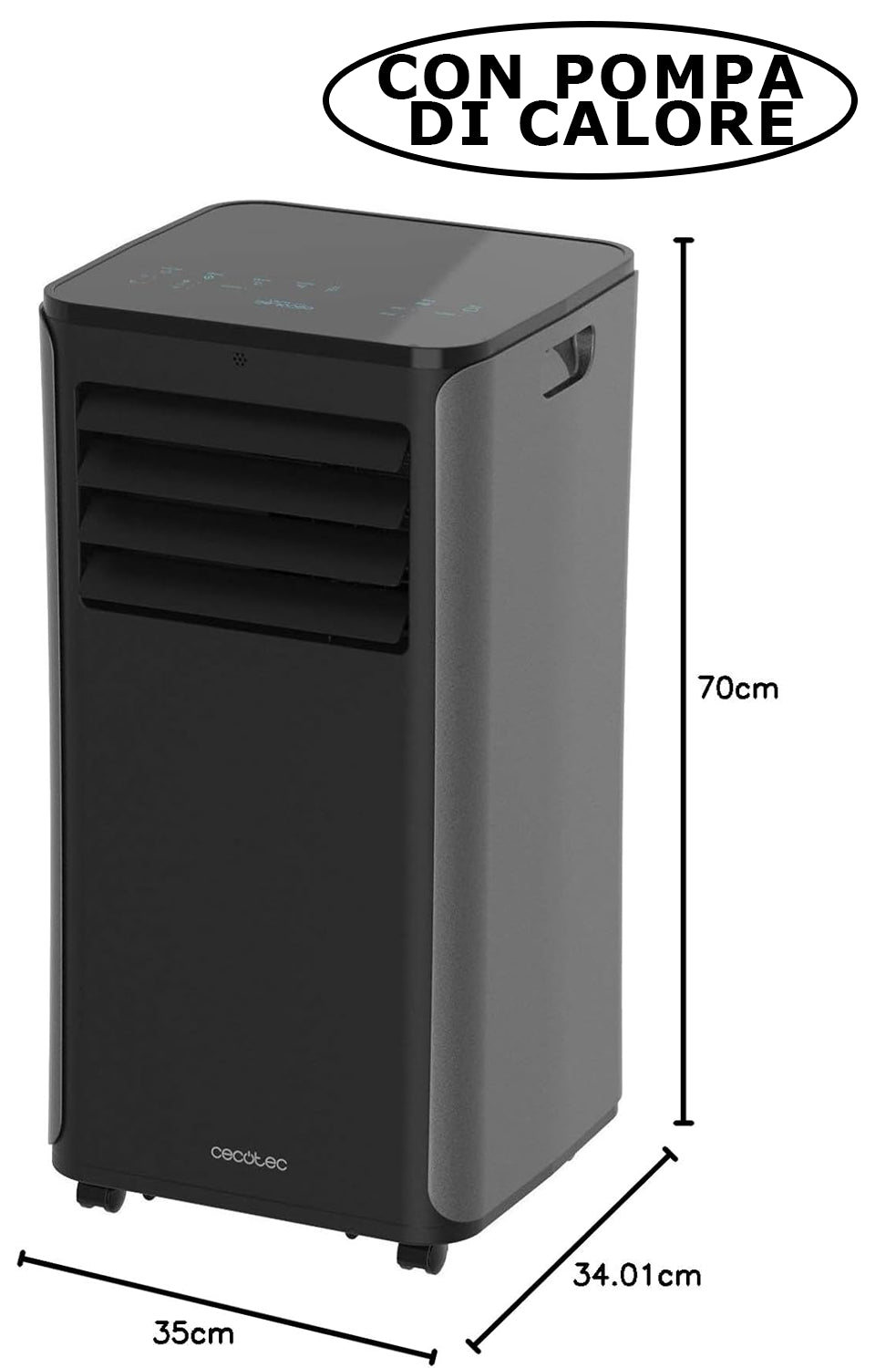 CECOTEC portable air conditioner with heat pump, 9000 BTU, dimensions 70cm x 35cm x 34.01cm, for cooling and heating.