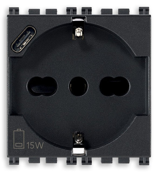 VIMAR Presa universale 2P+T 16A con USB-C 15W, presa nera per ricaricare dispositivi elettronici.
