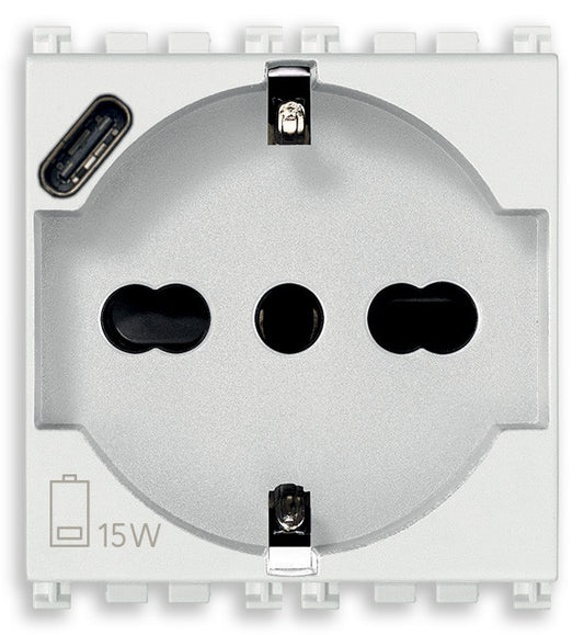 VIMAR 2P+T 16A universal socket with USB C port for device charging, in white, 15W power output.