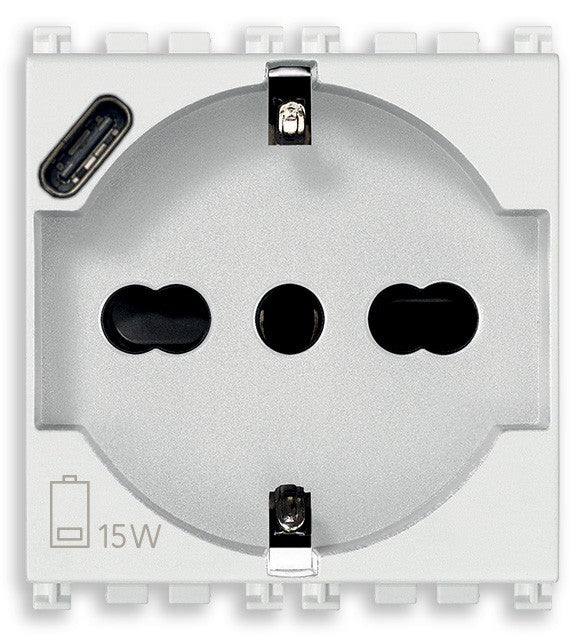VIMAR universal outlet with USB-C and 2P+T socket, 16A, 250V, white, for charging and powering devices.