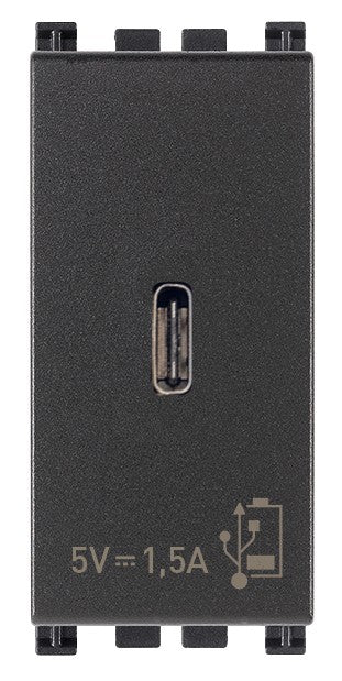 VIMAR USB C power adapter 5V 1.5A with USB type C output, gray design, compact and efficient.