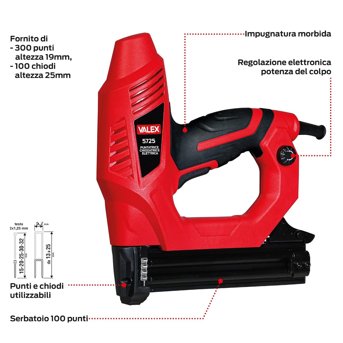 Dettagli della VALEX 5725 Chiodatrice Puntatrice Elettrica con design ergonomico e sistema di sicurezza