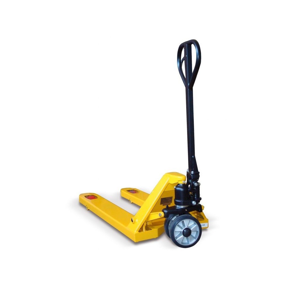 Transpallet sollevatore idraulico manuale giallo con forche 54x115 cm e portata 3000 kg per magazzini.