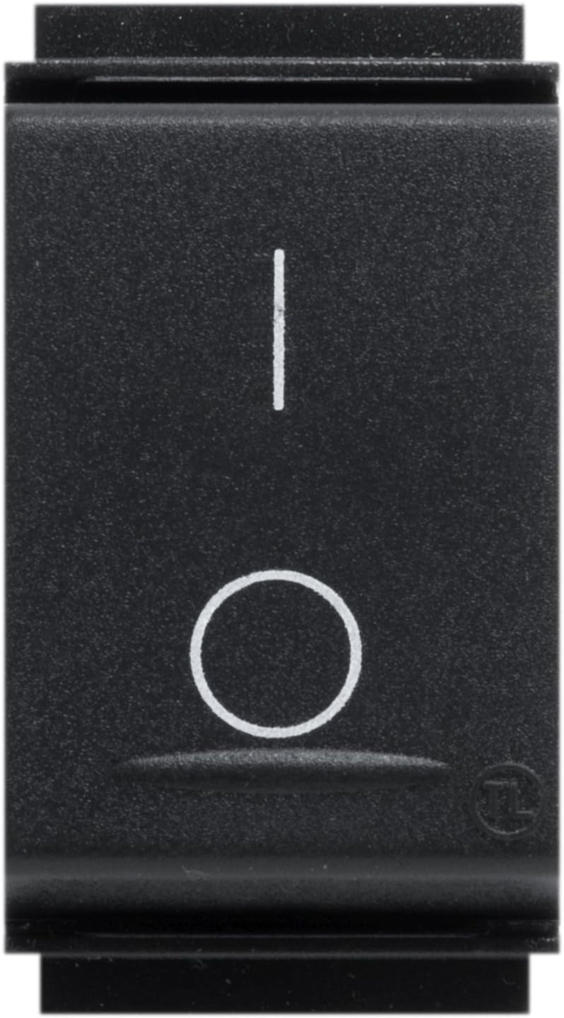 Interruttore bipolare nero 16A 250V con simboli accensione e spegnimento, compatibile con placche Life.