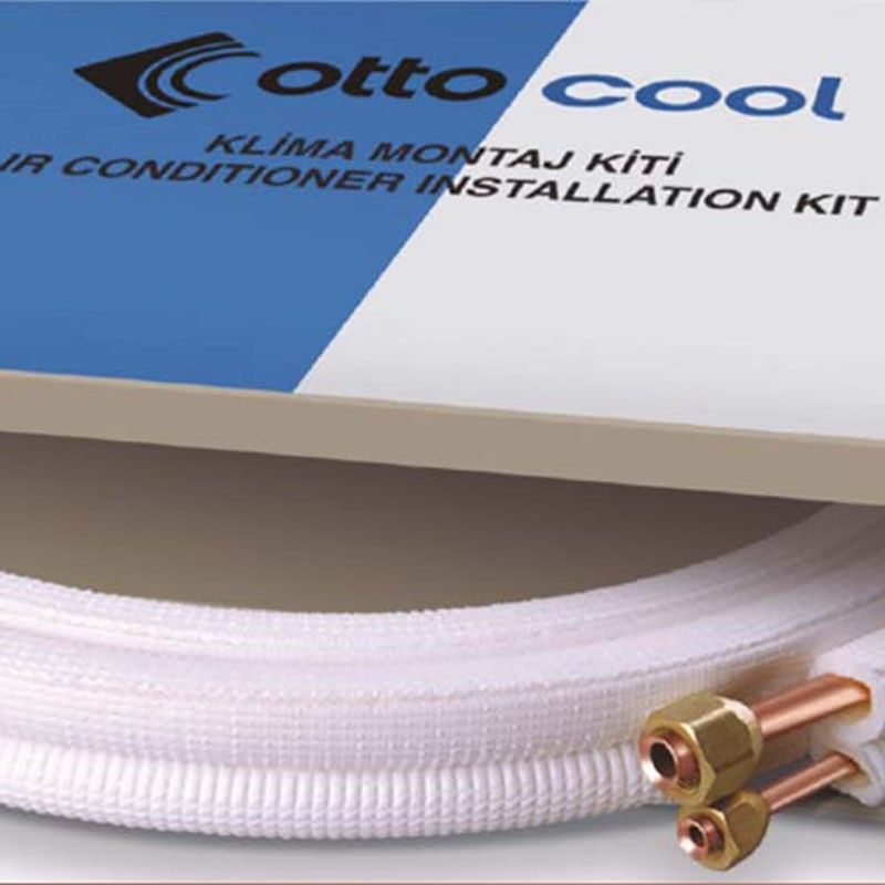 Kit di installazione climatizzatori Otto Cool con tubi rame e raccordi, confezione per montaggio efficiente.