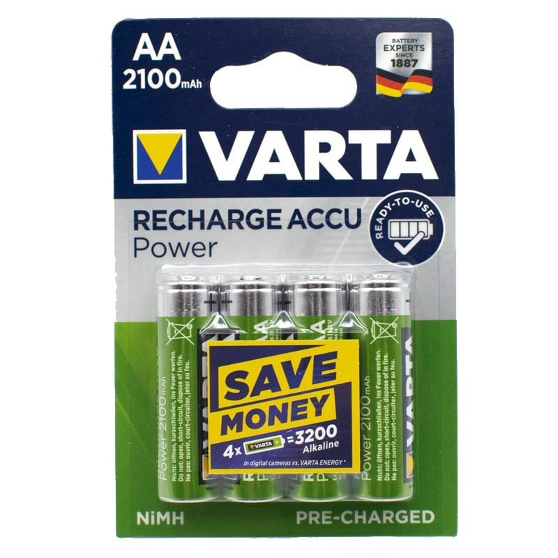 Varta AA rechargeable batteries 2100mAh blister pack of 4, eco-friendly, ready to use, perfect for devices.