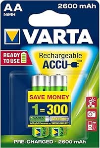 Varta rechargeable AA batteries 2600mAh pack, pre-charged, ready to use, blister pack of 2 pieces.