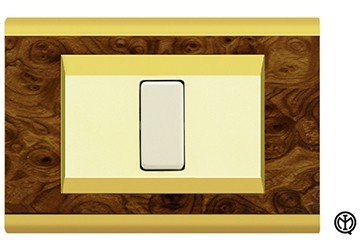 Placca Click 3F in Radica Oro, FEB 2583/RO, design elegante con 3 spazi e interruttore bianco.