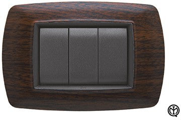 FEB Placca Life 7P, Wenghe' color, featuring 3 switches in a wood-like design, decorative electrical switch plate.