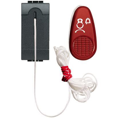 Red pull cord button for assistance request, featuring nurse icon, bathroom installation, and cable attachment.