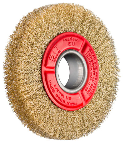 Circular brush in brass wire with steel core, ideal for cleaning and polishing surfaces, D150 model.