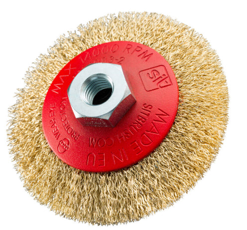 Spazzola conica in acciaio D90 con fili ondulati rivestiti in ottone, ideali per pulizia a 14000 RPM.