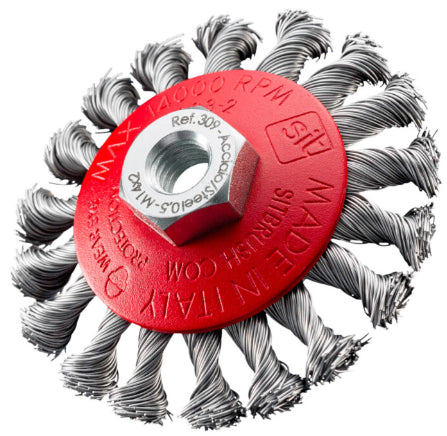 Spazzola Conica Ritorta in Acciaio D95 BCZ95 per pulizia su superfici irregolari, 14000 RPM.