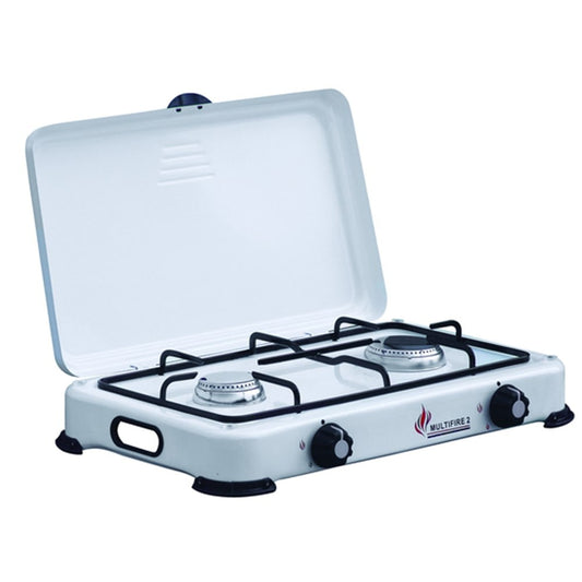 Fornello a gas multifire bianco con 2 fuochi e coperchio, ideale per campeggio e cucina all'aperto.
