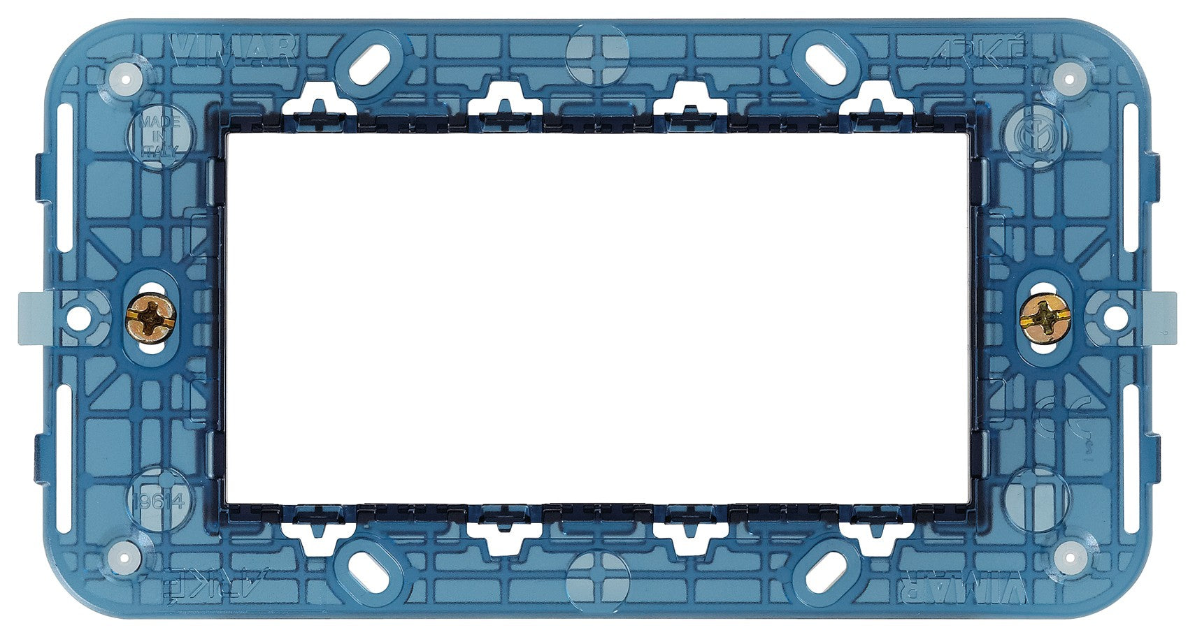 VIMAR 4-module support frame with screws for electrical boxes, model 19614, blue plastic design.