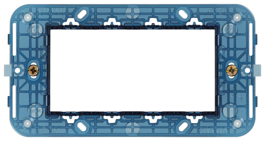 VIMAR 4-module support frame with screws for electrical boxes, model 19614, blue plastic design.