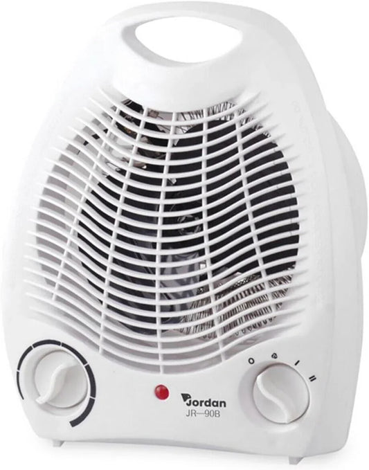 Caldobagno Elettrico 2000W Termoventilatore Portatile Jordan, bianco, con manico e regolatore di temperatura.