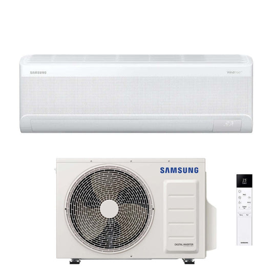Samsung WindFree™ F-AR09AV2 inverter air conditioner indoor and outdoor unit with remote control.
