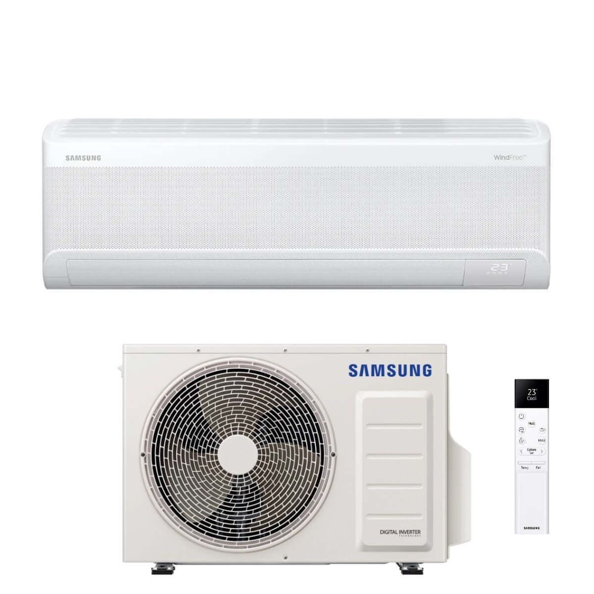 Samsung WindFree F-AR15AV2 air conditioner with outdoor unit and remote control, energy efficient cooling solution.