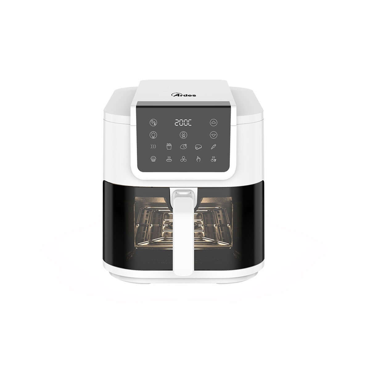 ARFRYA08LVW air fryer, compact and efficient design, digital display for easy cooking control.