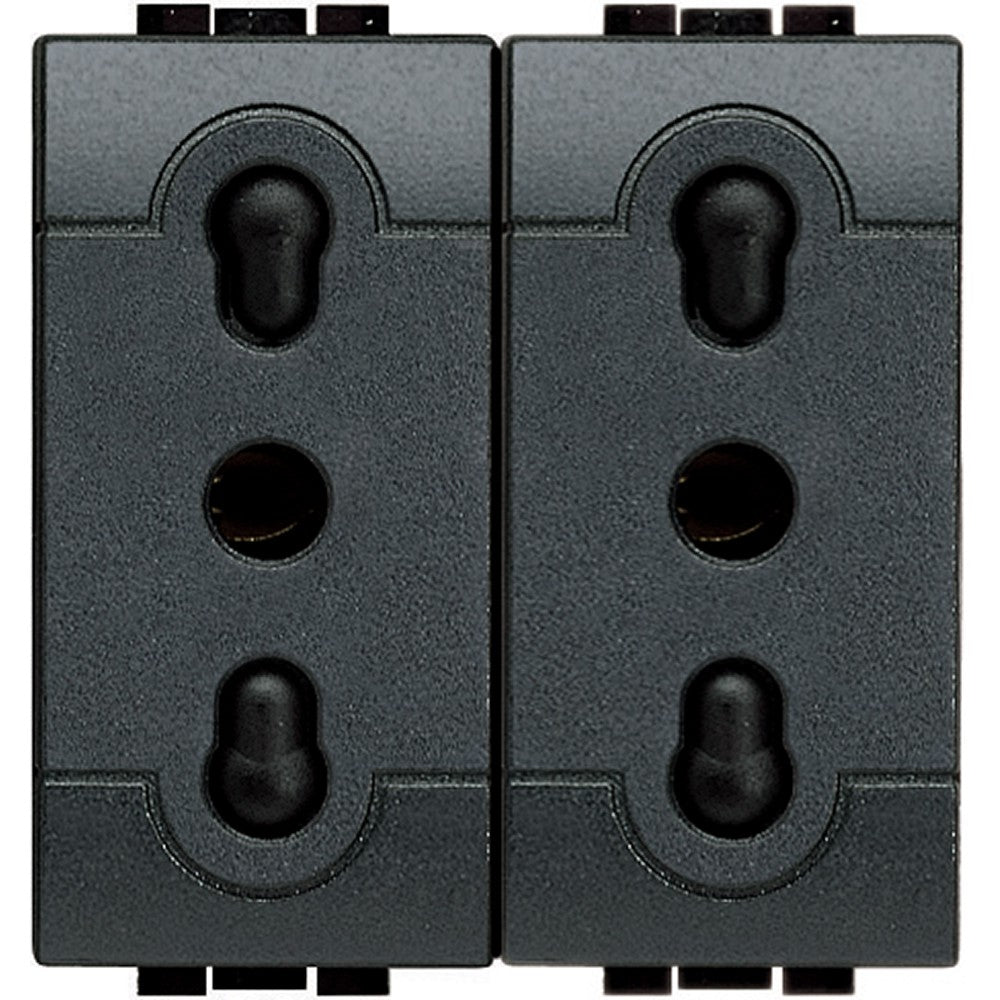 Presa duplex bipasso 2P+T 10/16A 250 Vac in antracite color, featuring screened sockets and 19mm/26mm spacing.