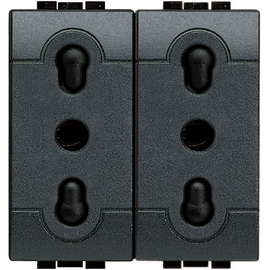 Presa duplex bipasso 2P+T 10/16A 250 Vac in antracite color, featuring screened sockets and 19mm/26mm spacing.