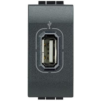 Bticino Livinglight USB connector in anthracite color, non-powered, single module design for data connections.