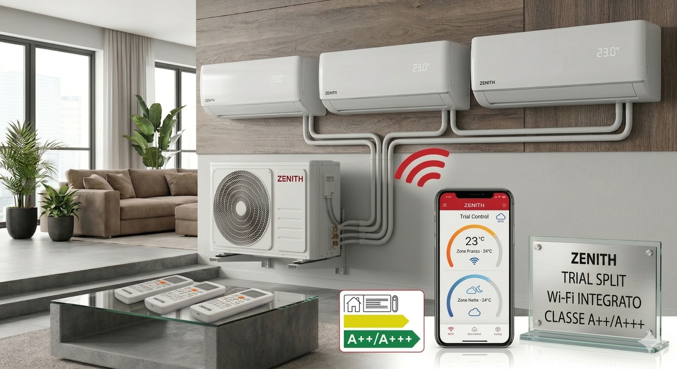 Climatizzatore Trial Split Zenith 9000+9000+1200 BTU (9+9+12) Inverter Pompa di Calore 5,2kW Wi-Fi Integrato Classe A++/A+++