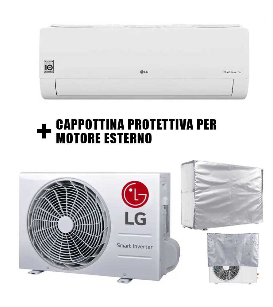 Climatizzatore LG DUALCOOL Inverter con motore esterno e cappottina protettiva, 12000 Btu, Wi-Fi integrato.