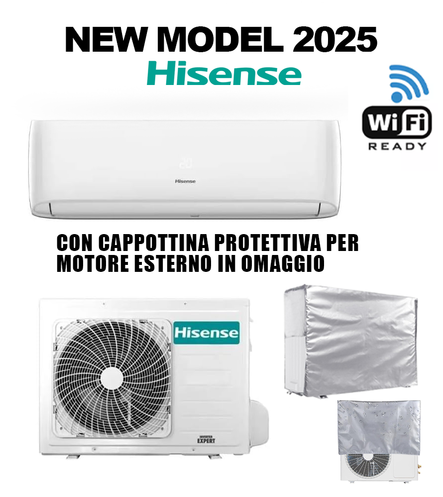 Hisense NEW MODEL 2025 air conditioner with protective cover for external motor and Wi-Fi ready functionality.