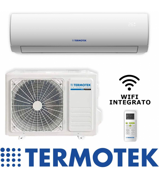 Climatizzatore Termotek 9000 BTU AIRPLUS con Inverter A++ e WiFi integrato, unità interna ed esterna.